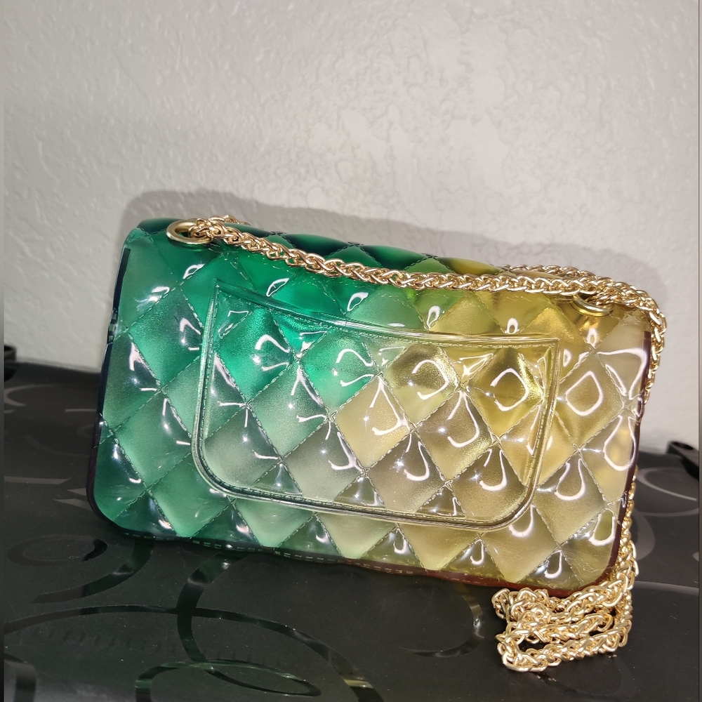 Multicolor Green/Yellow With Gold Quilted Chain Bag Dimensions 7" x 3.5" x 2.5" - Picture 2 of 5